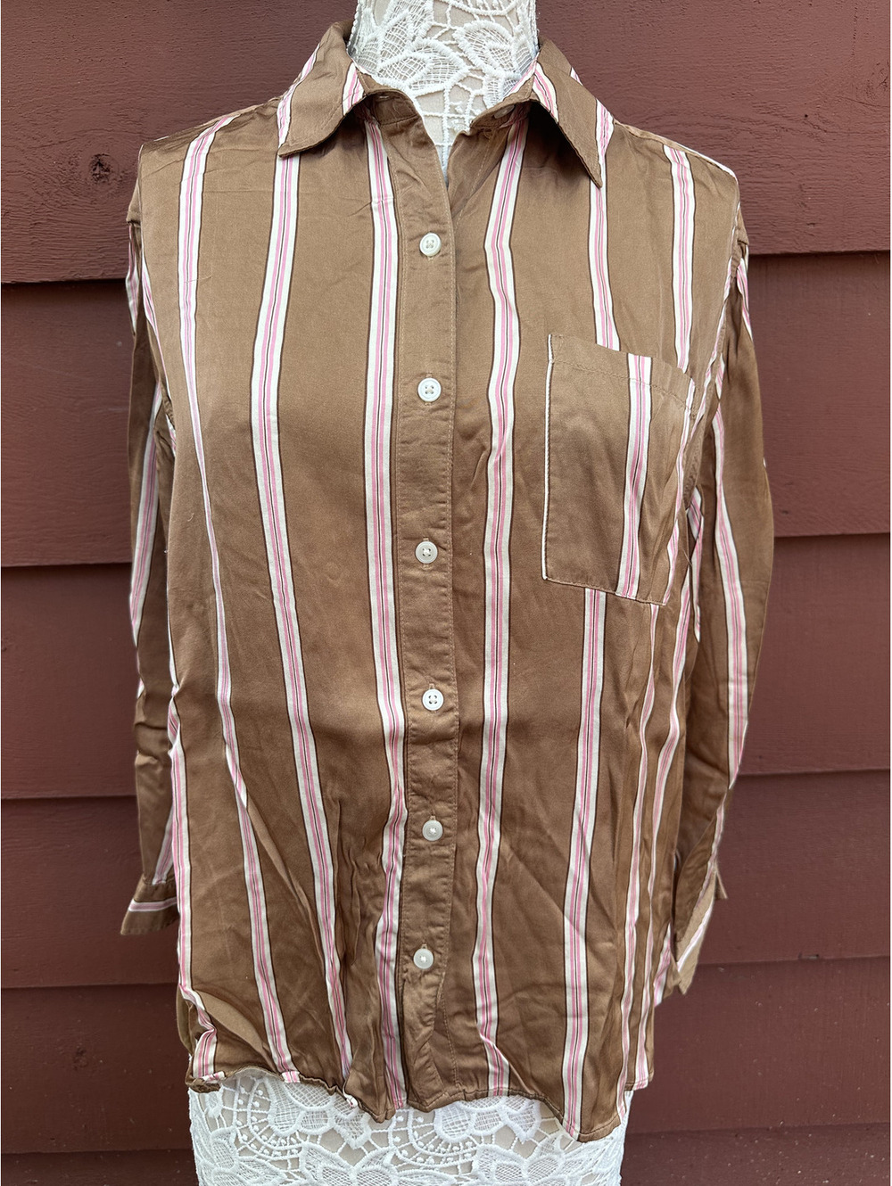 Aerie Satin Striped Button Down Blouse in Mocha Brown 90s Inspired